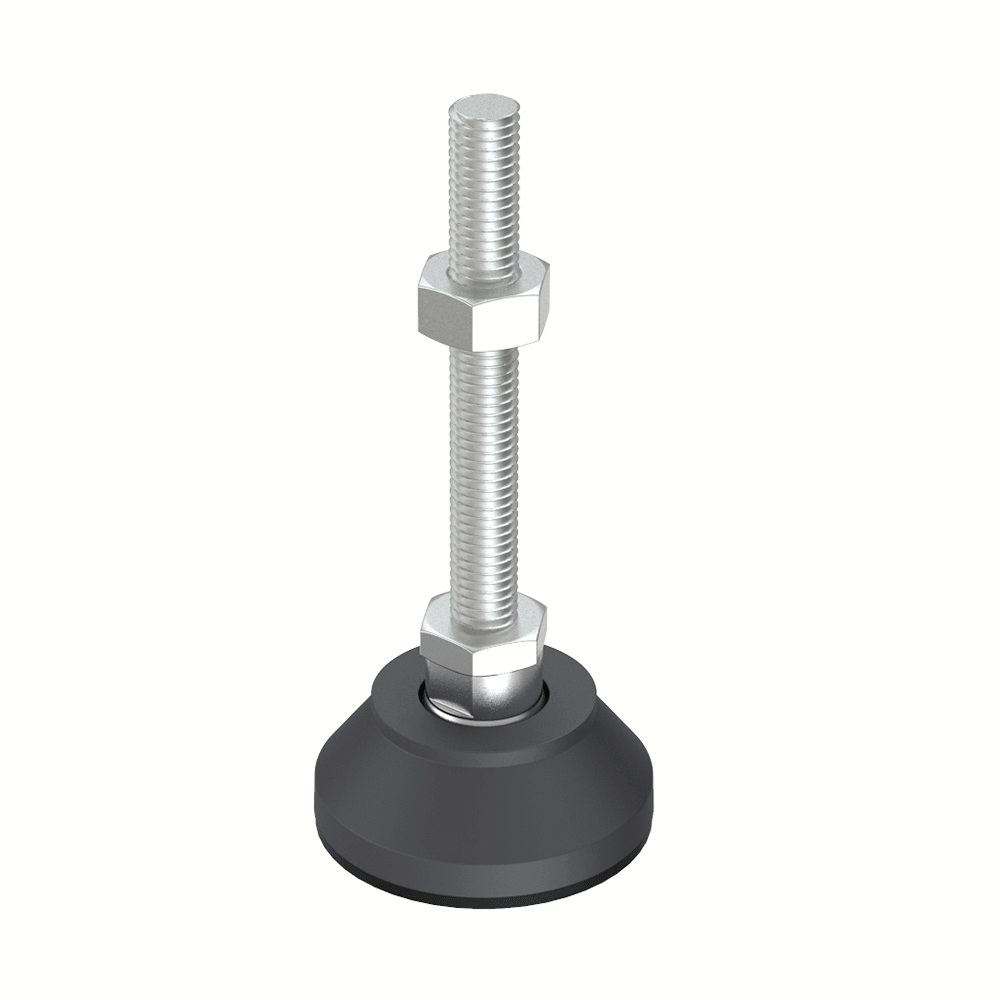 Nuestros pies niveladores JTPUU de alta resistencia disponen de una base fabricada en <b>Poliamida reforzada con carga de fibra de vidrio al 30%</b>, que soporta una carga máxima de <b>2618 N o 2883 N</b>, en función del diámetro de la base.<br><br>
Estos reguladores de altura han sido diseñados para aplicaciones donde son necesarios un buen acabado y buenas propiedades mecánicas. Son particularmente adecuados para <b>maquinaria</b> y están disponibles en M8, M10, M12 y M14.<br><br>
Permiten una inclinación máxima de <b>15º</b> y se puede suministrar con <b>base antideslizante</b> fabricada en <b>EPDM</b>.<br>
Para la pieza estándar se utiliza el acero zincado <b>(ZCS)</b> o el acero inoxidable 304 <b>(SS)</b> y, bajo pedido, podemos fabricarla en <b>316</b>.