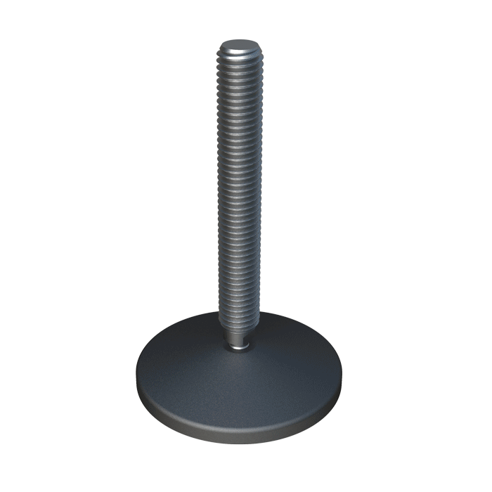 Nuestros pies niveladores tienen una base reforzada con una inclinación máxima de 15º que resiste un peso de hasta 1.300 kgs. Estos pies niveladores han sido diseñados para aplicaciones en las cuales resulta tan importante el acabado como las propiedades mecánicas. 
<br>
Para la pieza estándar se utiliza acero inoxidable tipo 304 y, bajo pedido, podemos fabricarla en el tipo 316. Disponible con base antideslizante de TPV.