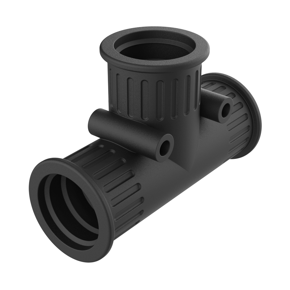 <p>Nuestros manguitos de derivación <b>MDB</b> están fabricados en <b>TPE</b> blando en configuración en “T” para crear derivaciones entre tramos de tubo.</p>

<p>Estos manguitos, <b>resistentes a los rayos UV</b>, se montan a presión en los extremos de los tubos y, gracias a su dentado interno, se adhieren perfectamente al perfil exterior. Los orificios para fijación a pared tienen un diámetro de Ø 4 mm. Se pueden emplear incluso entre tubos de diferentes dimensiones.</p>

<p>· <b>Material:</b> TPE<br>
· <b>Color:</b> negro<br>
· <b>Temperatura de uso:</b> -40 °C / +120 °C (con puntas hasta +150 °C)<br>
· <b>Protección IP:</b> IP66 según EN 60529</p>

<p><i>Disponibles en color gris bajo pedido.</i></p>