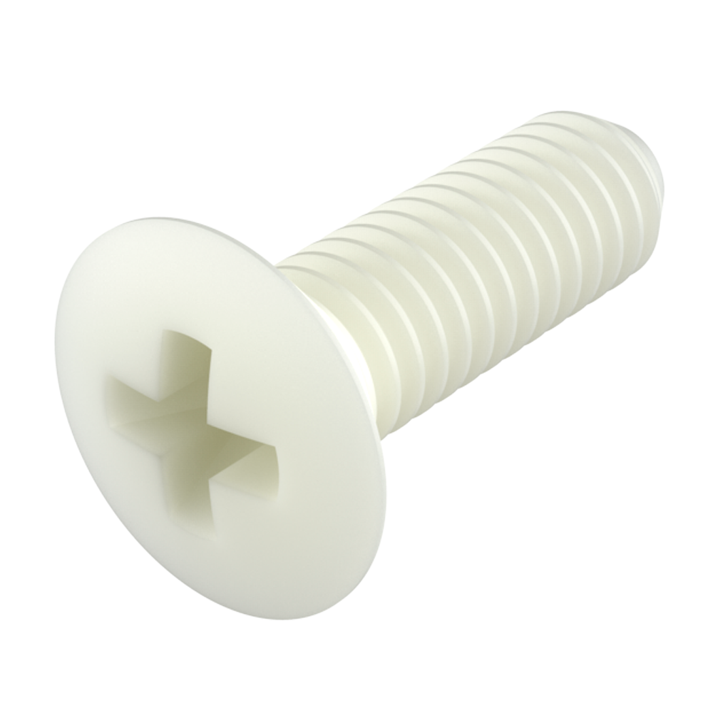 Nuestros tornillos con cabeza avellanada biselada <b>Phillips</b> (DIN 7988) fabricados en <b>PA66</b>, ofrecen una excelente resistencia a productos químicos (ver ficha técnica), un alto nivel de rigidez dieléctrica, no se oxidan y previenen daños producidos por sobretensado.