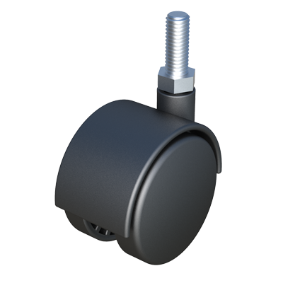 Rueda giratoria fabricada en polipropileno. Dispone de freno de rueda y de un espárrago roscado que la hace ideal para colocarse en conteras roscadas. La capacidad de carga individual aconsejable es de 50 Kgs.