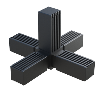 El conector en A - fabricado en <b>Nylon</b> (PA6) de alta resistencia - permite conectar <b>5 tubos cuadrados</b>.

Se suministra <b>con</b> o <b>sin alma de acero</b> (S), <b>de acero zincado</b> (ZCS) o <b>de acero inoxidable</b> (SS) - conector de dos partes.

Se emplea para construir bastidores que vayan a estar sometidos a <b>cargas estáticas bajas - medias</b> o <b>altas</b> - según incorpore o no el núcleo de acero y con una correcta construcción y distribución de los pesos.

En caso de querer reforzar el conector por medio de remaches, pasadores, etc, y para prevenir la corrosión por contacto, se debe evitar perforar el núcleo de acero. <br>

Póngase en contacto con nuestra oficina comercial si la media o cualquier otra especificación del producto no se encuentra dentro de del programa estándar.