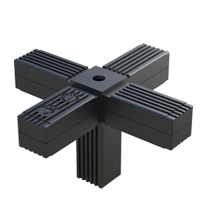 Conector en A diseñado para conectar <b>5 tubos cuadrados</b>.
 
Se suministra <b>con</b> o <b>sin alma de acero</b> (S), o <b>de acero zincado</b> (ZCS) - conector de dos piezas.

Se emplea para bastidores con <b>cargas estáticas bajas - medias</b> o <b>altas</b> - según referencia y con una correcta construcción y distribución de pesos.

Tiene una rosca <b>M8</b> o <b>M10</b> - según referencia - para adaptar un pie nivelador o una rueda, y conformar la base del bastidor.

Si se quiere reforzar el conector por medio de remaches, pasadores, etc., se debe evitar perforar el núcleo de acero para prevenir la corrosión por contacto.

El <b>Nylon</b> (PA6) utilizado es de alta resistencia y se caracteriza por una vida útil muy larga y gran resistencia al envejecimiento. <br>

Si en el programa estándar no encuentra las especificaciones del producto deseadas, contacte con nuestra oficina comercial.