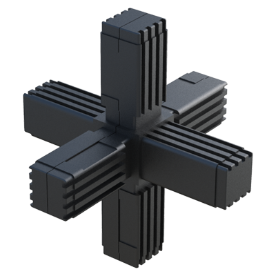 Nuestro conector en B ha sido diseñado para conectar <b>6 tubos cuadrados</b> y se suministra <b>con</b> o <b>sin alma de acero</b> (S), <b>de acero zincado</b> (ZCS) o <b>de acero inoxidable</b> (SS) - conector de dos piezas.

Permite construir bastidores sometidos a <b>cargas estáticas bajas - medias</b> o <b>altas</b> - según incorpore o no el núcleo de acero y con una adecuada distribución de los pesos.

De querer reforzar el conector (remaches, pasadores…), se debe evitar perforar el núcleo de acero para prevenir la corrosión por contacto.

El <b>Nylon</b> (PA6) utilizado es de alta resistencia y se caracteriza por una vida útil muy larga y gran resistencia al envejecimiento. <br>

Contacte con nuestra oficina comercial si la medida o cualquier otra especificación del producto no se encuentra dentro del programa estándar.