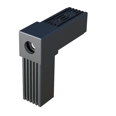 Nuestro conector en L ha sido diseñado para conectar <b>2 tubos cuadrados</b> bidireccionalmente.

Está fabricado en <b>Nylon</b> (PA6) de alta resistencia y se suministra <b>con</b> o <b>sin alma de acero</b> (S), o <b>de acero zincado</b> (ZCS) - conector de dos partes. 

Permite construir bastidores que vayan a estar sometidos a <b>cargas estáticas bajas - medias</b> o <b>altas</b> - según incorpore o no el núcleo de acero y con una adecuada distribución de los pesos.

Tiene una rosca <b>M8</b> o <b>M10</b> - según referencia - para adaptar un pie nivelador o una rueda, y conformar la base del bastidor.

Si se quiere reforzar el conector por medio de remaches, pasadores, etc., se debe evitar perforar el núcleo de acero para prevenir la corrosión por contacto. <br>

Para otras especificaciones del producto - que no se reflejen en el programa estándar - contacte con nuestra oficina comercial.