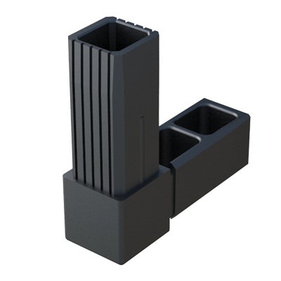 Conector en L diseñado para conectar <b>2 tubos cuadrados</b> de forma perpendicular.

Se suministra sin alma de acero (S) - conector de una sola pieza - y se emplea para bastidores con <b>cargas estáticas bajas - medias</b>, teniendo en cuenta una correcta construcción de la estructura y una adecuada distribución de los pesos.

Está fabricado en <b>Nylon</b> (PA6) de alta resistencia, por lo que tiene un gran comportamiento frente al envejecimiento. <br>

Consulte a nuestra oficina comercial si la medida o cualquier otra especificación del producto no se encuentra dentro de nuestro programa estándar.