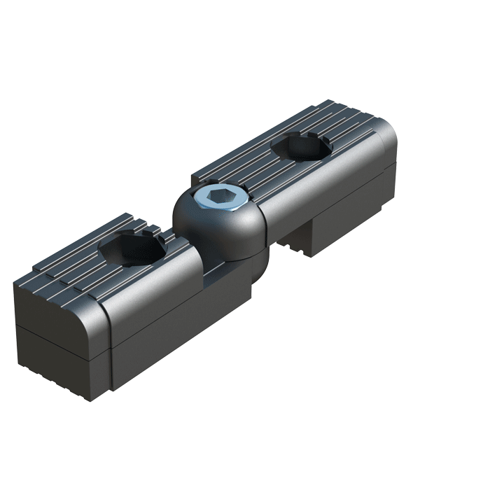 Nuestro conector <b>articulado</b> ha sido diseñado para conectar <b>2 tubos cuadrados</b> continua y libremente <b>desde 60⁰ hasta 300⁰</b> - conector de varias piezas.
Si se quiere reforzar el conector, se pueden fijar las espigas horizontales al tubo mediante tuercas hexagonales (<b>SW 13</b>), y perforando los perfiles en la posición correspondiente.
El <b>Nylon</b> (PA6) utilizado ofrece gran resistencia al conjunto y le proporciona una larga vida útil.

<br><br> * <i><b>Tipo 1</b></i>: Movimento de rotación libre. <br><br>

Para otras especificaciones del producto - que no se reflejen en el programa estándar - contacte con nuestra oficina comercial.
