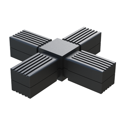 El conector en X ha sido diseñado para conectar <b>4 tubos cuadrados</b> y se suministra <b>con</b> o <b>sin alma de acero</b> (S), <b>de acero zincado</b> (ZCS) o <b>de acero inoxidable</b> (SS) - conector de dos piezas. 

Se emplea para bastidores con <b>cargas estáticas bajas - medias</b> o <b>altas</b> - según referencia y con una correcta construcción y distribución de pesos.

Si se quiere reforzar el conector por medio de remaches, pasadores, etc., se debe evitar perforar el núcleo de acero para prevenir la corrosión por contacto.

El <b>Nylon</b> (PA6) utilizado es de alta resistencia y se caracteriza por una vida útil muy larga y gran resistencia al envejecimiento. <br>

Para otras especificaciones del producto - que no se reflejen en el programa estándar - contacte con nuestra oficina comercial.