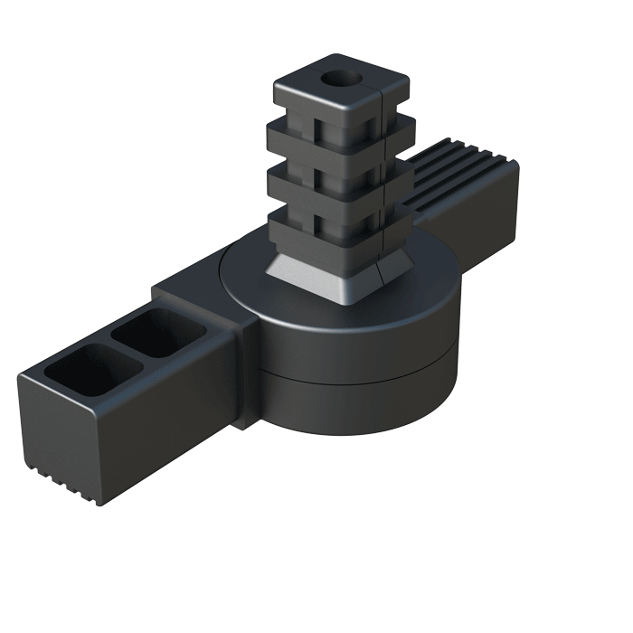 Nuestro conector <b>articulado</b> ha sido diseñado para conectar <b>3 tubos cuadrados</b> - conector de varias piezas.
En el eje horizontal, el sistema de articulación se puede ajustar continuamente <b>desde 0⁰ hasta 180⁰</b>, <b>desde 0⁰ hasta 190⁰</b>, <b>desde 45⁰ hasta 195⁰</b> o aún <b>desde 60⁰ hasta 232⁰</b> - según referencia.
La espiga vertical puede girar alrededor de su propio eje, pero no se puede inclinar, y se puede reemplazar para conectar tubos de dimensiones y secciones diferentes.
El <b>Nylon</b> (PA6) utilizado es de alta resistencia y se caracteriza por una vida útil muy larga y gran resistencia al envejecimiento.
<br><br> * <i><b>Tipo 1</b></i>: Movimiento de rotación libre. <br> * <i><b>Tipo 2</b></i>: Movimiento de rotación con dentado interior de 15º. <br> * <i><b>Tipo 3</b></i>: Movimiento de rotación con bloqueador interior en las posiciones de 0º, 90º, 180º. <br> * <i><b>Tipo 4</b></i>: Movimiento de rotación con un tope bloqueador a los 180º. <br><br>
Consulte a nuestra oficina comercial si la medida o cualquier otra especificación del producto no se encuentra dentro del programa estándar.