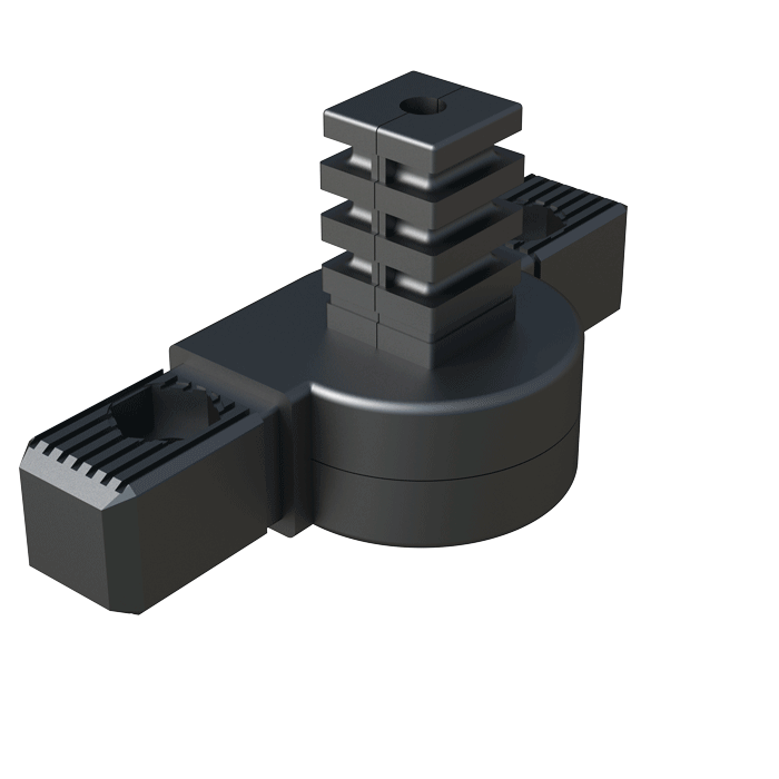 El conector <b>articulado</b> permite unir <b>3 tubos cuadrados</b> - conector de varias piezas.
Longitudinalmente, el sistema de articulación se puede ajustar <b>desde 0⁰ hasta 190⁰</b>, o <b>desde 45⁰ hasta 200⁰</b> - según referencia.
El conector - expansor de la espiga vertical puede girar alrededor de su propio eje, pero no se puede inclinar, y se puede reemplazar para conectar tubos de dimensiones y geometrías distintas.
Si es necesario, se pueden fijar las espigas horizontales al tubo con tuercas hexagonales (<b>SW 10</b> o <b>SW 13</b> - según referencia) en las 2 cavidades dispuestas para ello.
Está fabricado en <b>Nylon</b> (PA6) de alta resistencia y el <b>refuerzo de fibra de vidrio</b> otorga una gran rigidez y estabilidad dimensional y térmica.
<br><br> * <i><b>Tipo 1</b></i>: Movimento de rotación libre. <br><br>
Póngase en contacto con nuestra oficina comercial si la media o cualquier otra especificación del producto no se encuentra dentro de nuestro programa estándar.