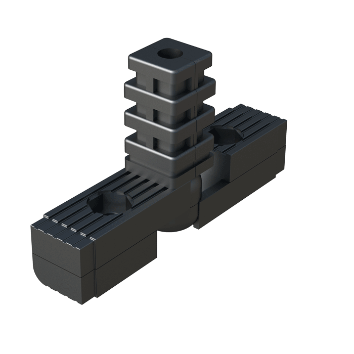 Conector <b>articulado</b> - de <b>Nylon</b> (PA6) de alta resistencia - diseñado para empalmar <b>3 tubos cuadrados</b> - conector de varias piezas y con almas de aluminio.
En el eje horizontal, y de forma continua, se puede ajustar el sistema de articulación <b>desde 60⁰ hasta 300⁰</b>.
La espiga vertical puede girar alrededor de su propio eje, pero no se puede inclinar.
También se puede reemplazar para conectar tubos de dimensiones y secciones diferentes.
Las espigas horizontales tienen un alojamiento para tuerca hexagonal (<b>SW 13</b>) por si se quieren fijar los tubos al conector.
<br><br> * <i><b>Tipo 1</b></i>: Movimento de rotación libre. <br><br>
Para consultar otras especificaciones del producto - que no se muestren en el programa estándar - contacte con nuestra oficina comercial.